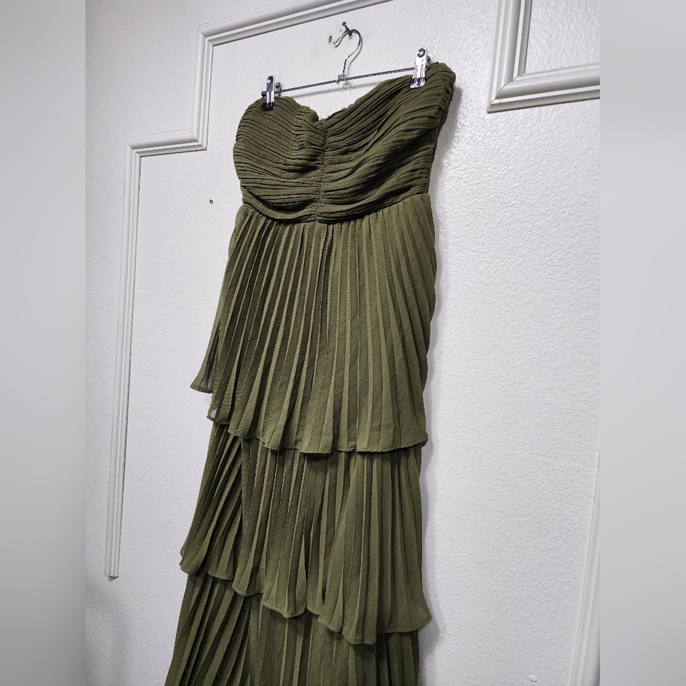 Lulus Seriously Sensational Olive Green Strapless Tiered Maxi Dress Wedding Prom - Picture 7 of 8
